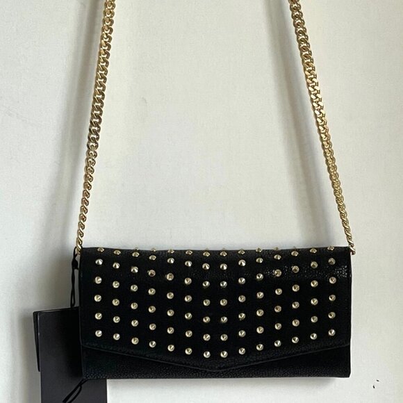 Brian Atwood Clutch Chain Wallet Small Black Leather Crossbody Gold Studded